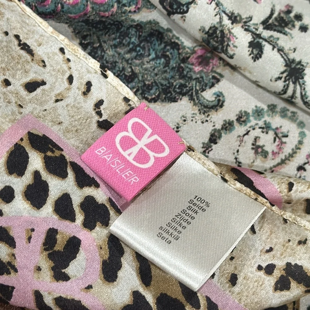 Pure Silk Scarf by Bassler leopard floral black cream pink teal 27x27